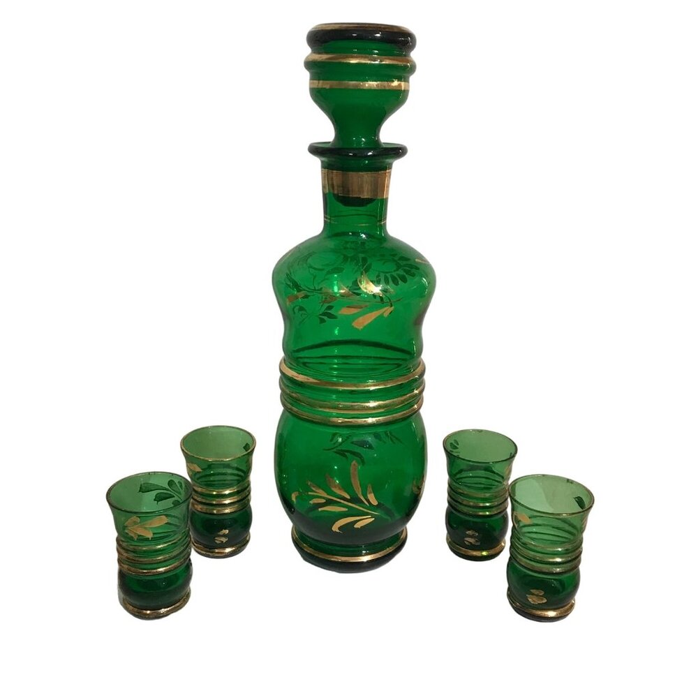 Italian Emerald Decanter 4 Cordial Glasses Green Glass Gold Trim EEP Co Vintage